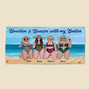 Beachin' And Boozin' With My Besties - Personalized Beach Towel - Gifts For Big Sister, Sistas, Girls Trip - Floral & Leopard Pattern - Beach Towel - GoDuckee