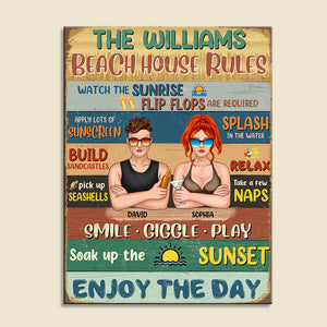 Personalized Hawaii Wreath Couple Metal Sign - Beach House Rules Enjoy The Day - Metal Wall Art - GoDuckee