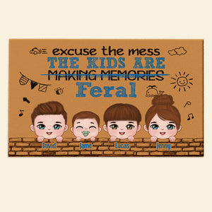 Excuse The Mess The Kids Are Feral, Personalized Door Mat, Gift For Family, Mother's Day Gift, Chibi Little Kids - Doormat - GoDuckee