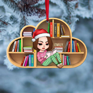 Book Girl Reading On Bookshelf, Personalized Acrylic Ornament - Ornament - GoDuckee