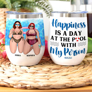 Personalized Bikini Girls Trip Wine Tumbler - Happiness Is A Day At The Pool With My Person - Leopard Pattern - Wine Tumbler - GoDuckee