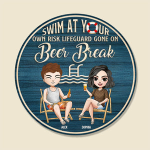 Personalized Swimming Round Wooden Sign Couple Drinking At Swimming Pool - Wood Sign - GoDuckee