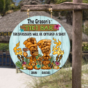 Tiki Bar Trespassers Will Be Offered A Shot - Personalized Round Wooden Sign - Wood Sign - GoDuckee