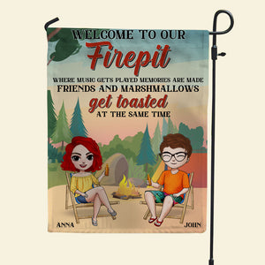 Personalized Camping Flag Friends Drinking Beside Bonfire - Flag - GoDuckee