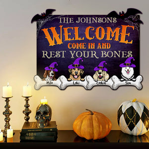 Personalized Halloween Witch Dog Welcome Wood Sign, Come In And Rest Your Bones - Wood Sign - GoDuckee