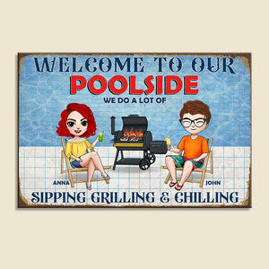 Personalized Pool Metal Sign Couple Relaxing At Swimming Pool - Metal Wall Art - GoDuckee