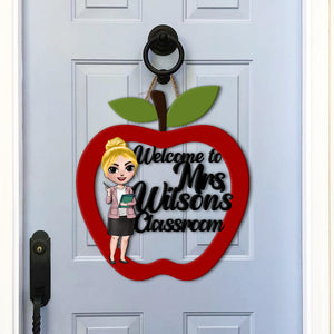 Apple Shape, Cute Teacher Personalized Welcome Wood Sign, Classroom Decor - Wood Sign - GoDuckee