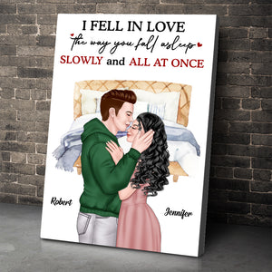 Personalized Couple Poster Canvas, Fell In Love The Way You Fall Asleep Slowly And All At Once - Poster & Canvas - GoDuckee