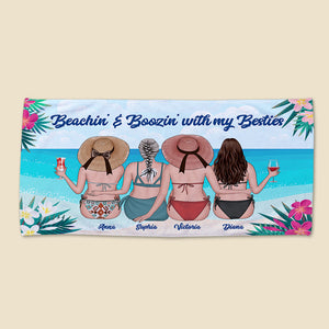Beachin' And Boozin' With My Besties - Personalized Beach Towel - Gifts For Big Sister, Girls Trip - Sunbathing Girls - Beach Towel - GoDuckee