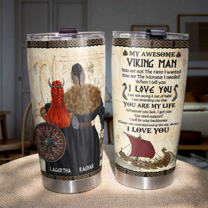 Personalized Viking Couple Tumbler - My Awesome Viking Man - Viking Couple Hugging Back View - Tumbler Cup - GoDuckee