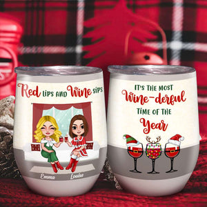 Red Lips And Wine Sips, Personalized Wine Tumbler Christmas Gift For Besties - Wine Tumbler - GoDuckee
