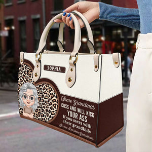 Kick Your Ass If Messing With Their Grandkids, Personalized Leather Bag, Birthday Gift For Grandma - Leather Bag - GoDuckee