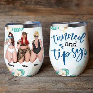 Personalized Bikini Girls Trip Wine Tumbler - Tanned And Tipsy - Leopard Pattern - Wine Tumbler - GoDuckee