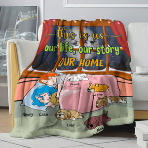 Personalized Cartoon Sleeping Couple & Dog Breeds Blanket - This Is Us Our Life Our Story Our Home - Blanket - GoDuckee