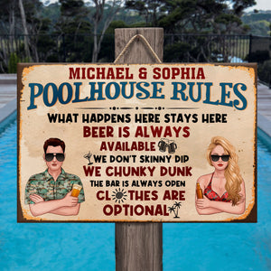 Personalized Pool Couple Printed Metal Sign - Poolhouse Rules - Metal Wall Art - GoDuckee