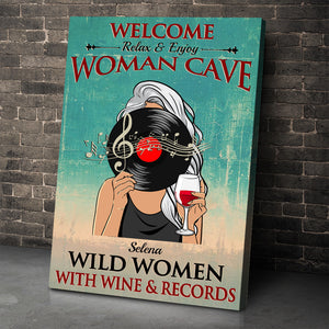 Personalized Vinyl Girl Poster - Welcome Relax & Enjoy - Vinyl Record & Wine - Poster & Canvas - GoDuckee
