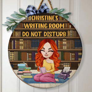 Writing Room Do Not Disturb - Personalized Round Wooden Sign - Gift For Book Lover - Wood Sign - GoDuckee