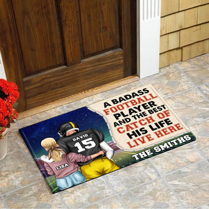 Personalized Football Couple Doormat - A Badass Football Player & The Best Catch Of His Life Live Here - Doormat - GoDuckee