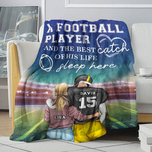 Personalized American Football Couple Blanket - A Player & The Best Catch Of His Life Sleep Here - Blanket - GoDuckee