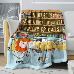 Personalized Cartoon Sleeping Cat Mom & Cat Breeds Blanket - A House Is Not A Home Without Books Or Cats - Blanket - GoDuckee