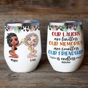 Personalized Bikini Besties Dolls Wine Tumbler - Our Friendship Is Endless - Cool Summer Girls - Wine Tumbler - GoDuckee