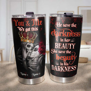 He Saw The Darkness In Her Beauty, Personalized Couple Tumbler - Tumbler Cup - GoDuckee