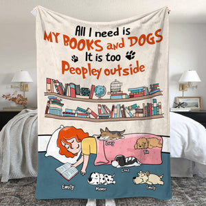 Personalized Cartoon Sleeping Girl & Dog Breeds Blanket - Book Lover - All I Need Is My Books And Cats - Blanket - GoDuckee