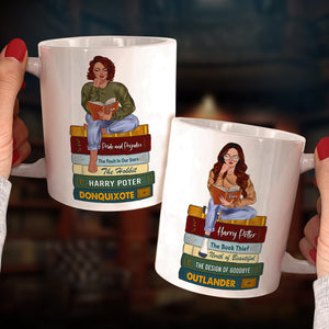 Reading Girl Sitting On Bookstack, Personalized White Mug - Coffee Mug - GoDuckee