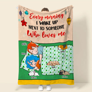 Personalized Cartoon Sleeping Couple & Dog Breeds Blanket - Every Morning I Wake Up Next To Someone - Blanket - GoDuckee