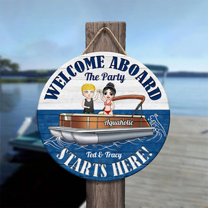 Personalized Pontoon Couple - Welcome Aboard Round Wooden Sign Fol7-Vd3 - Wood Sign - GoDuckee