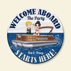 Personalized Pontoon Couple - Welcome Aboard Round Wooden Sign Fol7-Vd3 - Wood Sign - GoDuckee