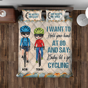 Personalized Cycling Quilt Bed Set - I Want To Hold You Hand At 80 - Cycling Couple - Blanket - GoDuckee