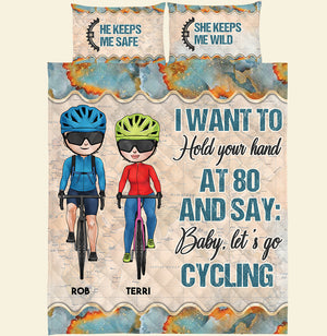 Personalized Cycling Quilt Bed Set - I Want To Hold You Hand At 80 - Cycling Couple - Blanket - GoDuckee