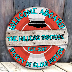 Pontoon Welcome Aboard - Personalized Round Wooden Sign - Wood Sign - GoDuckee