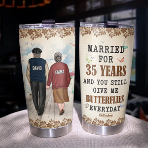 Personalized Old Couple Tumbler - You Still Give Me Butterflies - Old Couple Hand In Hand Back View - Tumbler Cup - GoDuckee