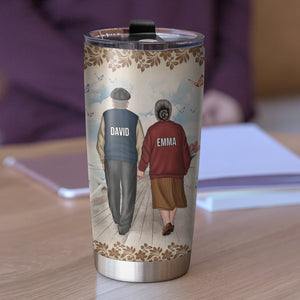 Personalized Old Couple Tumbler - You Still Give Me Butterflies - Old Couple Hand In Hand Back View - Tumbler Cup - GoDuckee