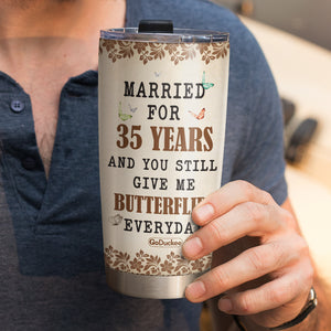 Personalized Old Couple Tumbler - You Still Give Me Butterflies - Old Couple Hand In Hand Back View - Tumbler Cup - GoDuckee