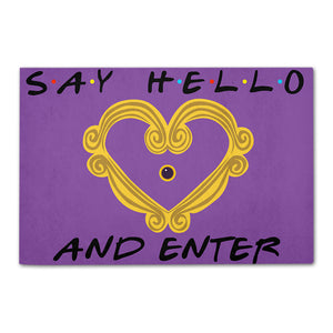 Purple Friends Welcome Mat - Say Hello & Enter - Peephole Frame - Doormat - GoDuckee