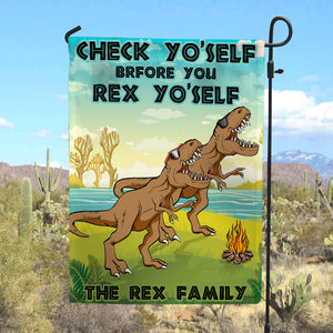 Personalized Gift For Dinosaur Family, Check yourself before you rex yourself Custom Camping Flag - Flag - GoDuckee