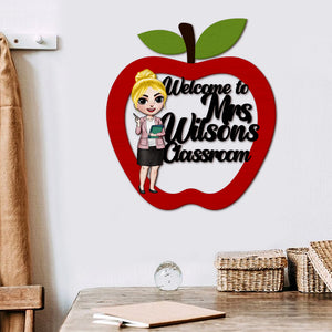 Apple Shape, Cute Teacher Personalized Welcome Wood Sign, Classroom Decor - Wood Sign - GoDuckee
