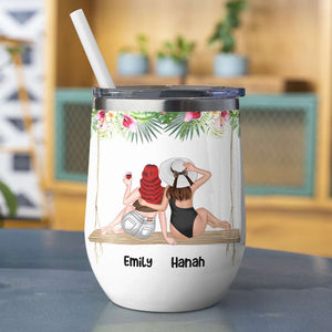 Personalized Beach Besties Wine Tumbler - There Is No Better Friend Than A Sister - Summer Girls Sitting Back View - Wine Tumbler - GoDuckee