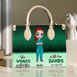 She Works Willingly With Her Hands - Personalized Leather Bag - Gift For Nurse - Leather Bag - GoDuckee