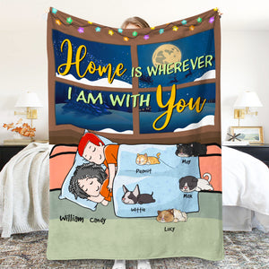 Personalized Cartoon Sleeping Couple & Cat Breeds Blanket - Home Is Wherever I Am With You - Blanket - GoDuckee