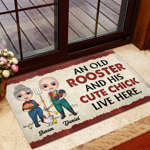 An Old Rooster And His Cute Chick Live Here - Personalized Doormat - Doormat - GoDuckee