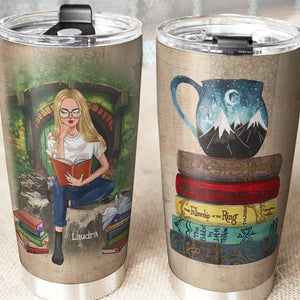 J. R. R. Tolkien Tumbler - Personalized A Sitting Girl Reads Book - Tumbler Cup - GoDuckee