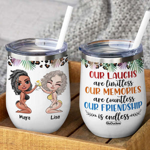 Personalized Bikini Besties Dolls Wine Tumbler - Our Friendship Is Endless - Cool Summer Girls - Wine Tumbler - GoDuckee