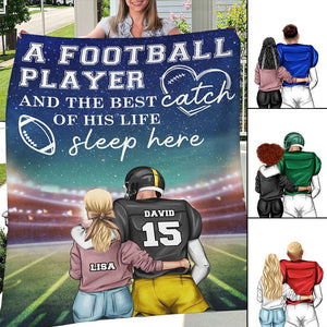 Personalized American Football Couple Blanket - A Player & The Best Catch Of His Life Sleep Here - Blanket - GoDuckee