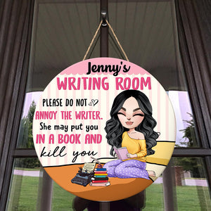 Please Do Not Annoy The Writer - Personalized Round Wooden Sign - Gift For Book Lover - Wood Sign - GoDuckee