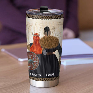 Personalized Viking Couple Tumbler - My Awesome Viking Man - Viking Couple Hugging Back View - Tumbler Cup - GoDuckee