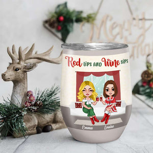 Red Lips And Wine Sips, Personalized Wine Tumbler Christmas Gift For Besties - Wine Tumbler - GoDuckee